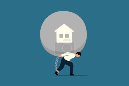 Mortgage Debt or Home Loan Concept. Businessman Carrying His House. Businessman Carrying Iron Ball Symbolizing Home Debt. Vector Illustration.
