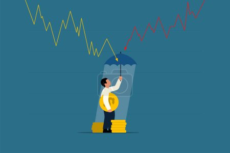 Asset Protection in Stock Market Crisis. Asset Protection or Investment Shielding from Stock Market Volatility. Businessman Shielding Assets from Stock Market Downturn. Stock Market Decline, Contraction, or Investment Crisis. Vector Illustration