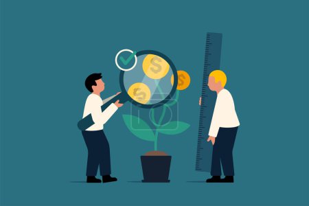 Financial Growth Tracking. Businessman Monitoring Dollar Coin Flower Plant Expansion. Vector Business Illustration