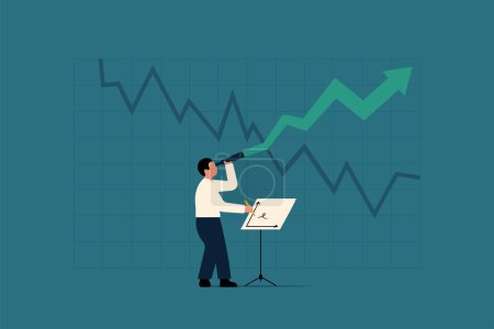 Forward Looking Growth Analysis. Businessman  with Telescope and Chart. Vector Business Illustration