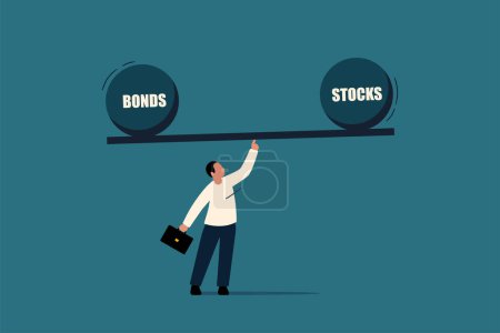 Actions vs obligations dans le portefeuille de placement. Homme d'affaires investisseur solde sur les actions et les obligations balançoire. Illustration d'entreprise vectorielle