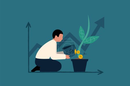 Illustration for Starting Investments, New Investors. Planting the Seeds of Investment. Businessmen Fertilizing Dollar Symbolized Seedlings for Growth. Vector Busimess Illustration - Royalty Free Image