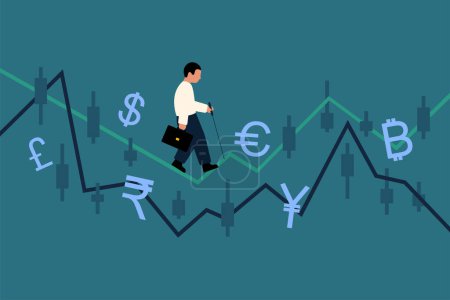 Businessman Navigating Financial Fluctuations. Fundamental Analysis and Currency Exchange Volatility. Vector Business Illustration
