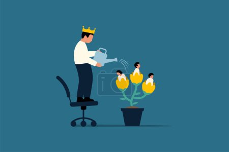 Organisatorisches Wachstum. Dienende Führung, Personalmanagement für Karrierewachstum. Manager gießt wachsenden Baum mit Mitarbeitern. Vektor Business Illustration