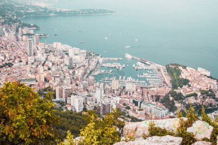 Photo for Panoramic view of Monaco, port, bay, buildings and sea coast from mountain top. Beautiful cityscape. Travel Europe. View from above. - Royalty Free Image