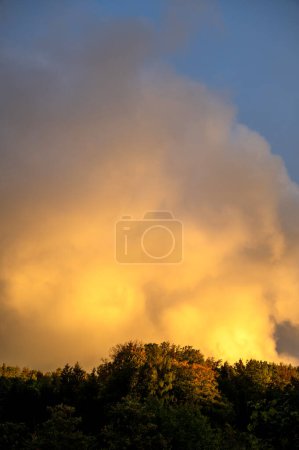 Foto de Nube amarilla grande en el cielo en el sol de la tarde sobre un bosque verde - Imagen libre de derechos