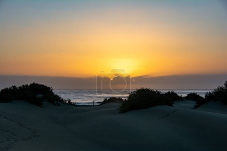 Dunes de sable et mer à Maspalomas au coucher du soleil sur Gran Canaria en Espagne. Les immenses dunes de sable ressemblent à un petit désert et sont une réserve naturelle.