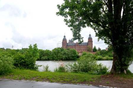 View of the castle in Aschaffenburg , Germany, with the tree and a river  in the foreground