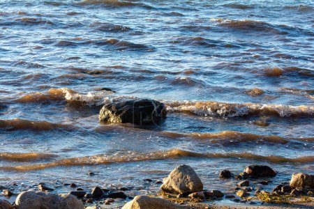Große Steine liegen im Wasser an der Ostseeküste, mit Wellen