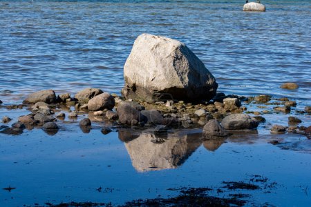 Photo for Big rock with stones lie in the water on the coast of the Baltic Sea, with reflection - Royalty Free Image