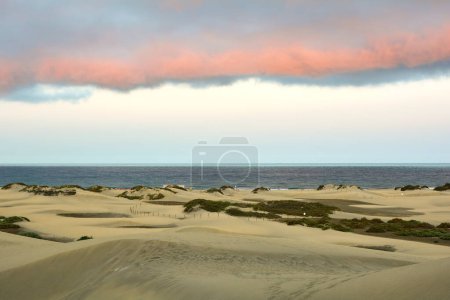 Dans les dunes de Maspalomas sur Gran Canaria en Espagne. Vue sur la mer dans la lumière du soir avec nuages et ciel bleu. Les immenses dunes de sable ressemblent à un petit désert et sont une réserve naturelle.