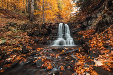 Photo for Wonderful cascading waterfall Bystry covered and surrounded by autumn leaves and trees glowing orange-red at the village eladn in the heart of Beskydy mountains, Czech republic - Royalty Free Image