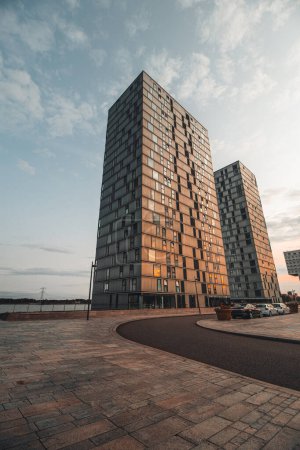Photo for Dutch skyscraper design in Almere during sunrise, Netherlands. Dutch modern construction. - Royalty Free Image