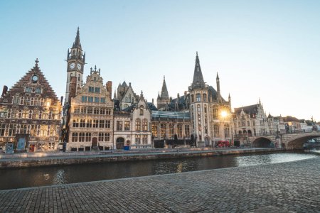 Ghent promenade called the Graslei and the charming historic houses at sunrise. The centre of the Belgian city. Flanders.