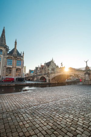 Ghent waterfront called the Graslei and the charming historic houses at sunrise. The centre of the Belgian city. Flanders.