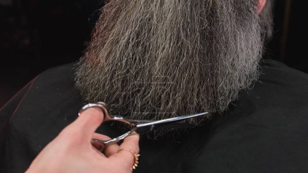Téléchargez les photos : La main de la coiffeuse coiffe la barbe d'un homme avec un peigne. - en image libre de droit
