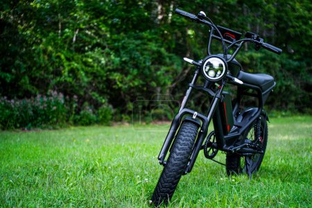 Téléchargez les photos : Un vélo électrique noir élégant, rappelant un cyclomoteur, se tient gracieusement dans un paysage herbeux serein, entouré d'arbres - en image libre de droit