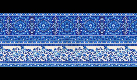 Foto de Diseño étnico de la frontera del ornamento - con la composición floral azul las hojas y las flores con el fondo del patrón para, impresión textil y digital - Imagen libre de derechos