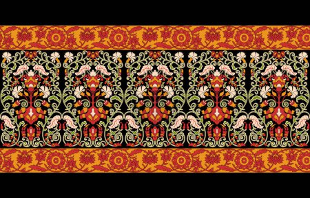 Photo for Fantasy flowers in retro, vintage, jacobean embroidery style. Border line seamless pattern, background.  illustration. - Royalty Free Image
