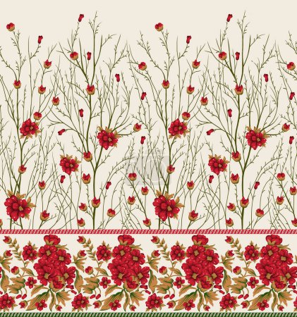 digitales Textildesign-Motiv mit geometrischem Rand und Dekoration im ethnischen Stil mit botanischen Blumen und Ornamenten