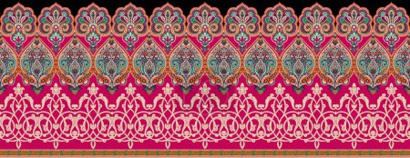 Digitales Textildekor Motivset Damast Mogul Paisley Teppich abstrakt Ikat ethnischen barocken Ornament Muster Retro Luxus Stil Blumendetails geeignet für Frauen Tuch vorne hinten Dupatta in Stoffen verwendet