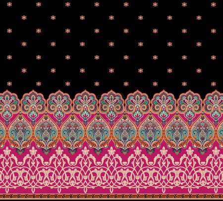 Téléchargez les photos : Motif floral coloré avec design de style traditionnel, motif persan de paisibilités et de bordures, adapté à la conception de vêtements textiles et de papier peint - en image libre de droit