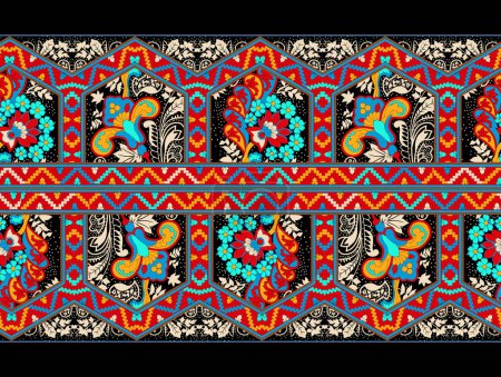 Ikat Bordado paisley floral sobre fondo azul.Patrón oriental étnico geométrico tradicional.Ilustración abstracta de estilo azteca. diseño para textura, tela, ropa, envoltura, decoración, sarong.