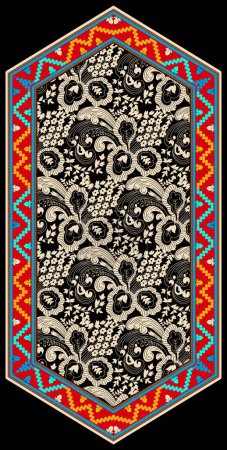 Blumenausschnitt Stickerei. Geometrisches orientalisches Muster auf schwarzem Hintergrund. Abstrakte Illustration im aztekischen Stil. Design für Textur, Stoff, Mode für Frauen, Dekoration, Druck.