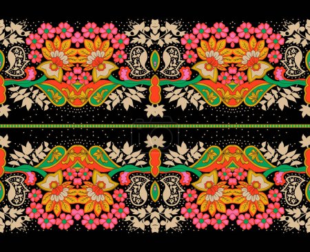 Photo for Fantasy flowers in retro, vintage, jacobean embroidery style. Borderline seamless pattern, background. illustration. - Royalty Free Image