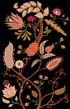 Ikat bordado paisley floral sobre fondo negro.Patrón oriental étnico geométrico tradicional.Ilustración abstracta estilo azteca. diseño para textura, tela, ropa, envoltura, decoración y alfombra.