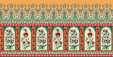 Foto de Digital textile design motif with geometrical border seamless and ethnic style decoration for textile print - Imagen libre de derechos