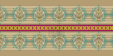 Photo for All over geometrical border paisley pattern on brown background. Seamless floral motif border design. Seamless paisley motif pattern with set of borders. Seamless paisley flower border design. - Royalty Free Image