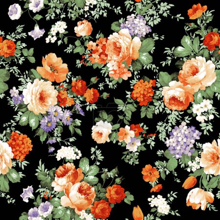 Photo for Seamless floral pattern with flowers on dark background, watercolor. Template design for textiles, interior, clothes, wallpaper. Botanical art. Seamless floral pattern with roses, watercolor. - Royalty Free Image