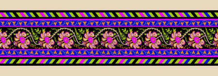 Seamless border with ethnic ornament elements and paisleys. Folk flowers and leaves for print or embroidery