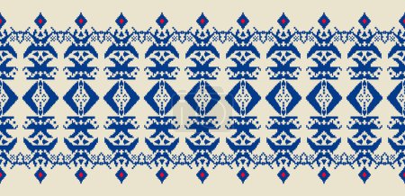 Floral cross stitch embroidery on navy blue background.geometric ethnic oriental seamless pattern traditional.Aztec style abstract vector illustration.design for texture,fabric,clothing,wrapping,print