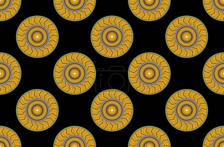 Colorful interlocking red, green, and yellow circles on a black background. Ornamental abstract motif with multicolored rings. Vintage style graphic textile texture. Seamless geometric vector pattern.