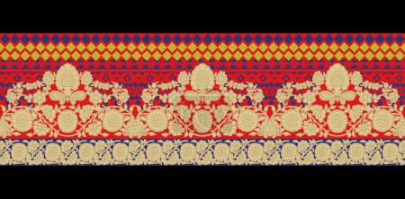 Motivo de diseño textil digital con borde geométrico sin costuras y decoración de estilo étnico para impresión textil. Motivo frontera étnica y arte tradicional mughal ramo floral flores botánicas patrón geométrico sin costuras