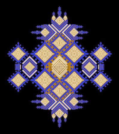 Hermoso escote bordado floral. patrón étnico geométrico tradicional sobre fondo negro.Estilo azteca, ilustración abstracta.diseño para textura, tela, moda de las mujeres que usan, decoración, impresión