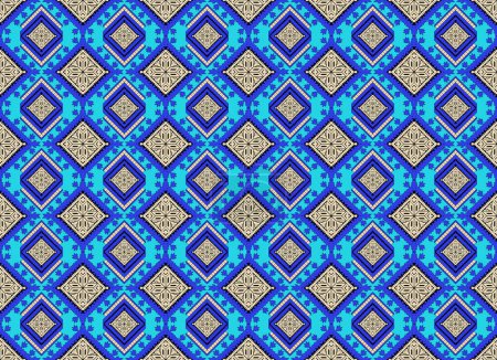 Motifs ethniques. Broderie point croisé. Style Indien. Design traditionnel pour la texture, textile, tissu, vêtements, tricot, impression. Vecteur sans couture horizontal géométrique Pixel. Bleu, blanc, vert foncé.
