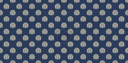 Oriental floral vintage ornament. Simple geometric all over design. Gold linear flowers indigo blue decorative chinoiserie motif. Print block for interior textile, wallpaper, fabric cloth, phone case.