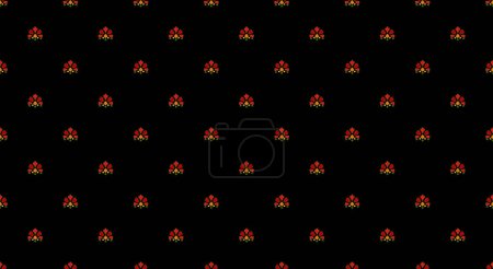 Téléchargez les photos : Japan wave pattern ditzy floral motif ardent red tiny flowers, green leaves on a navy blue all over geo design. Print block for fabric, apparel textile, wrapping paper. Minimal oriental vector graphic - en image libre de droit