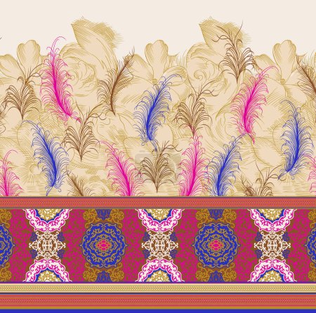 Motivo de diseño textil fronterizo tradicional con borde geométrico sin costuras y decoración de estilo étnico para la marca textil. Diseño Digital Textil Frontera Geométrico Y Étnico Colorido Frontera Motivos Diseño.