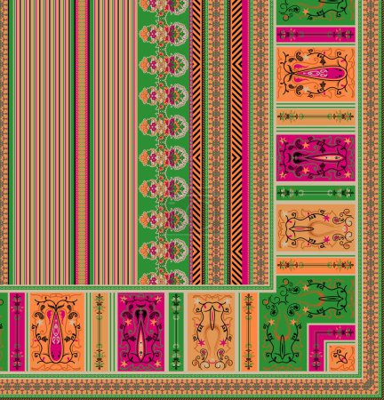 Digital Textile Design Border Geometrical And Ethnic Colorful Border Motifs Design with seamless and ethnic style border decoration For Textile Prints.  Colored lines on a black background. Handmade.