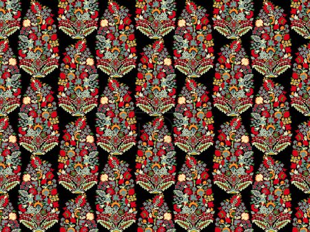 Ikat Blumen Paisley Stickerei auf schwarzem Hintergrund. Geometrische ethnische orientalische Muster traditional.Aztec Stil abstrakte Illustration.Design für Textur, Stoff, Kleidung, Verpackung, Dekoration, Teppich