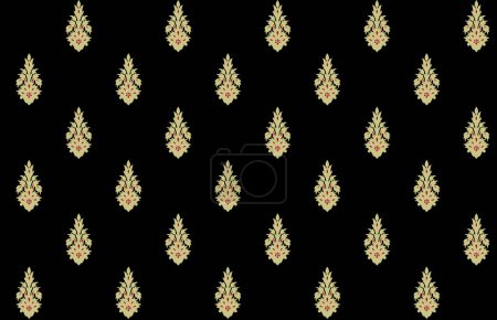 Ikat bordado paisley floral sobre fondo negro.Patrón oriental étnico geométrico tradicional.Ilustración abstracta estilo azteca. diseño para textura, tela, ropa, envoltura, decoración, alfombra