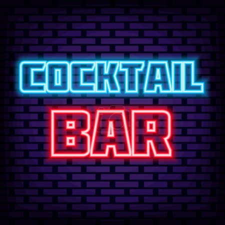 Illustration for Cocktail Bar Badge in neon style. On brick wall background. Announcement neon signboard. Trendy design elements. Vector Illustration - Royalty Free Image