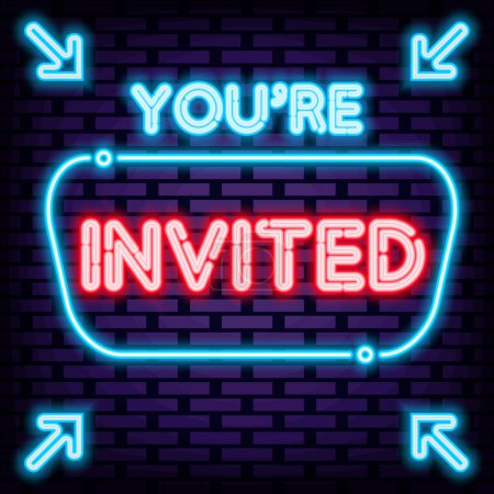 Illustration for You are invited Neon quote. Neon script. Light banner. Modern trend design. Vector Illustration - Royalty Free Image