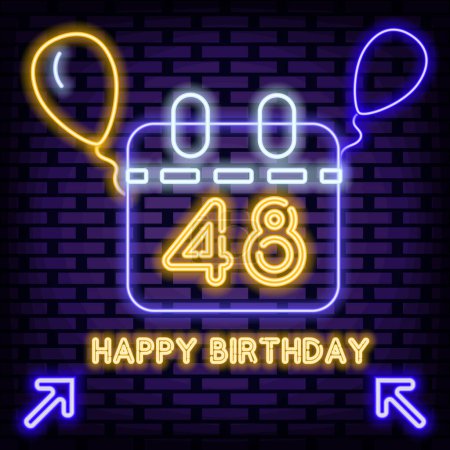 Illustration for 48th Happy Birthday 48 Year old Neon signboards. Neon script. Neon text. Isolated on black background. Vector Illustration - Royalty Free Image