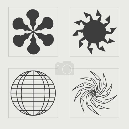 Retro futuristic elements for design. Big collection of abstract graphic geometric symbols. Templates for notes, posters. Anti-design. Vector illustration