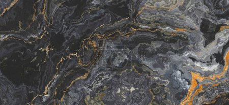 Photo for Black onyx marble pattern with curly orange veins. Abstract texture and background. 2D illustration - Royalty Free Image